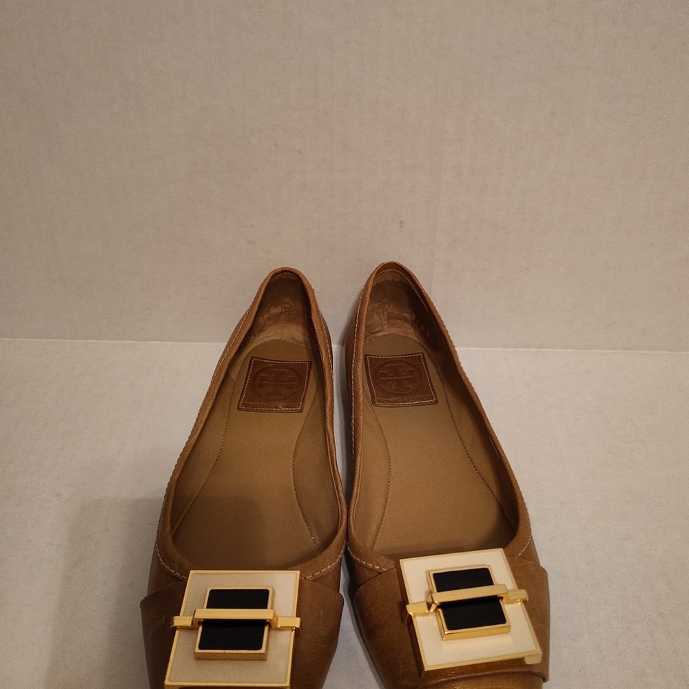 Tory Burch Tan and Black Flats with Gold Buckle